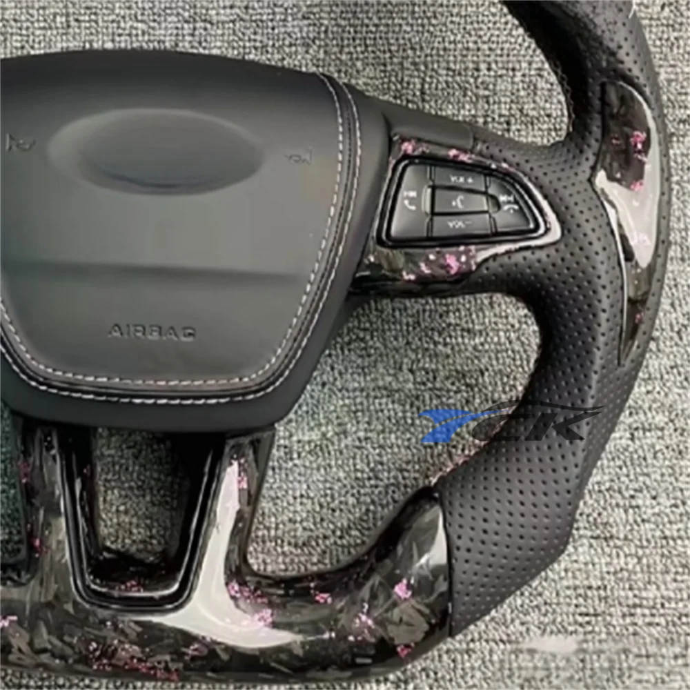 Steering Wheel for 2015 2016 2017 2018 Ford Focus Custom Pink Forged Carbon Fiber Center stripe Black Leather car accessories