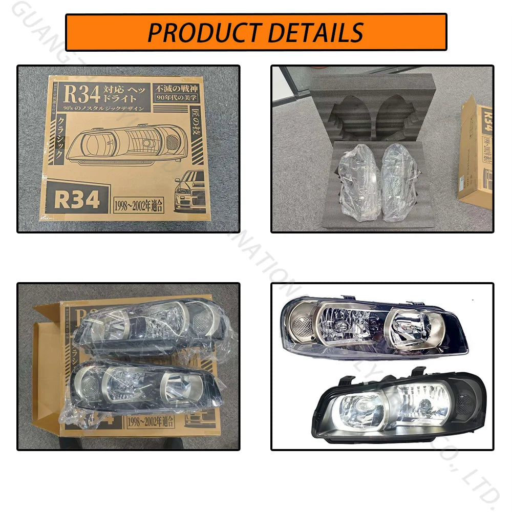 SINDAR OE Style Headlights Assembly For Nissan GTR R34 1999-2003, Pairs LED Head Lamp For Nissan Skyline ENR34/BNR34/GTT