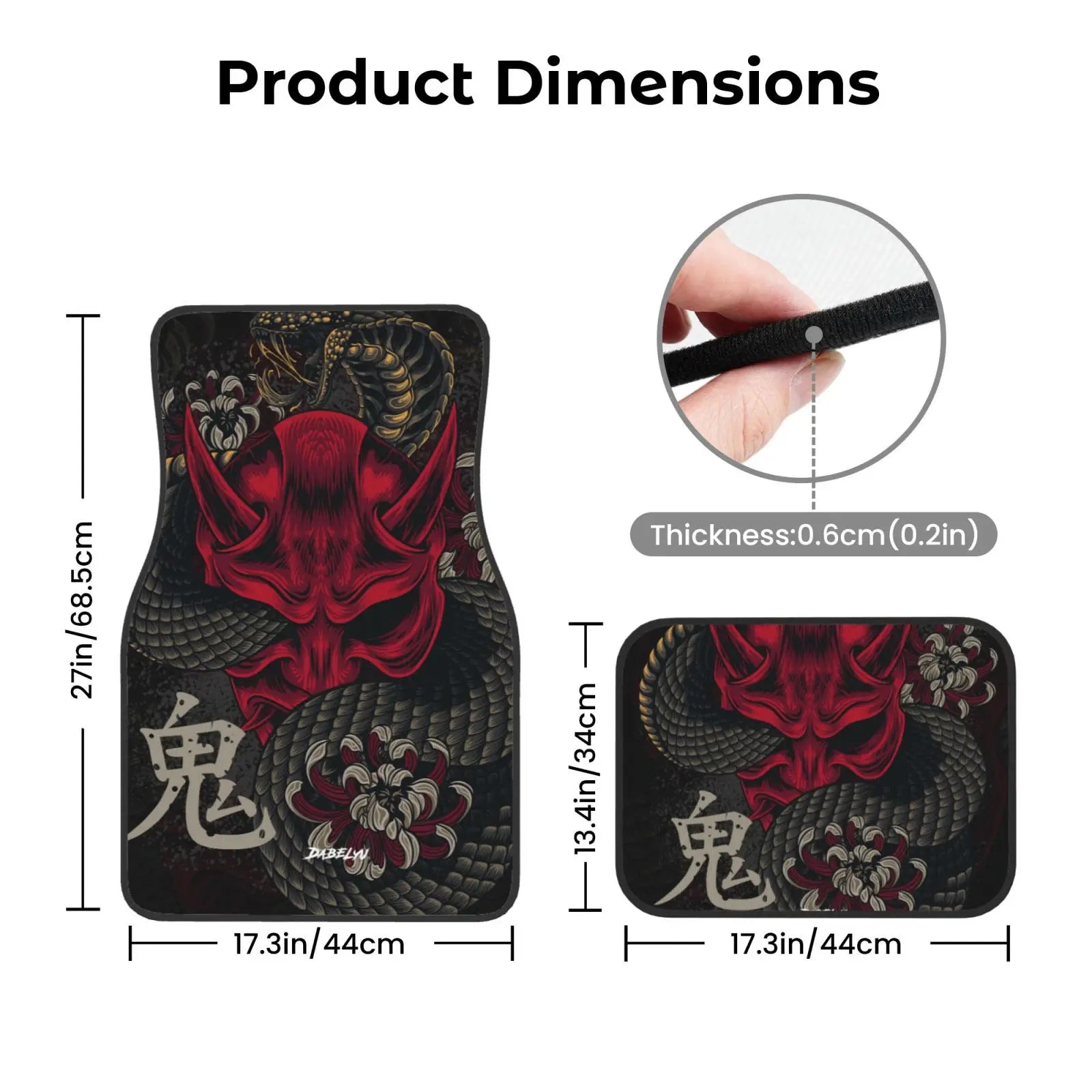 JAPANESE ART ONI MASK Snake Car Floor Mat 4-piece Set Suitable for All Car Floor Mat Accessories Crystal Velvet Floor Mats