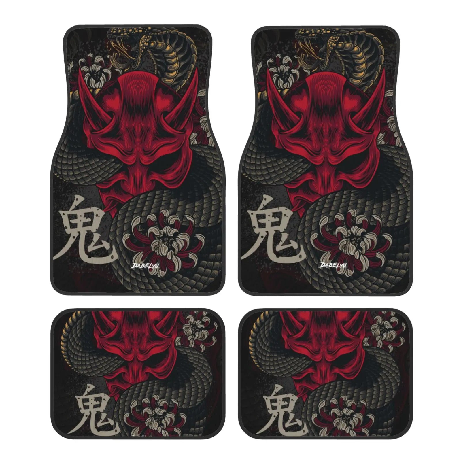 JAPANESE ART ONI MASK Snake Car Floor Mat 4-piece Set Suitable for All Car Floor Mat Accessories Crystal Velvet Floor Mats