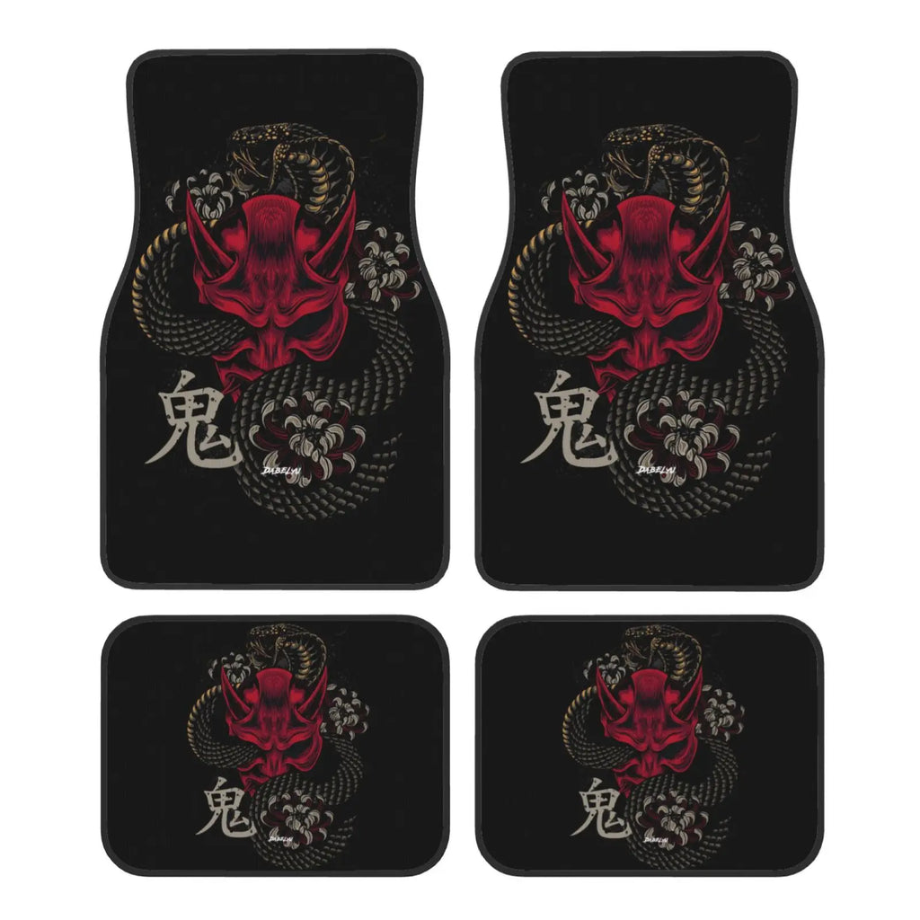 JAPANESE ART ONI MASK Snake Car Floor Mat 4-piece Set Suitable for All Car Floor Mat Accessories Crystal Velvet Floor Mats