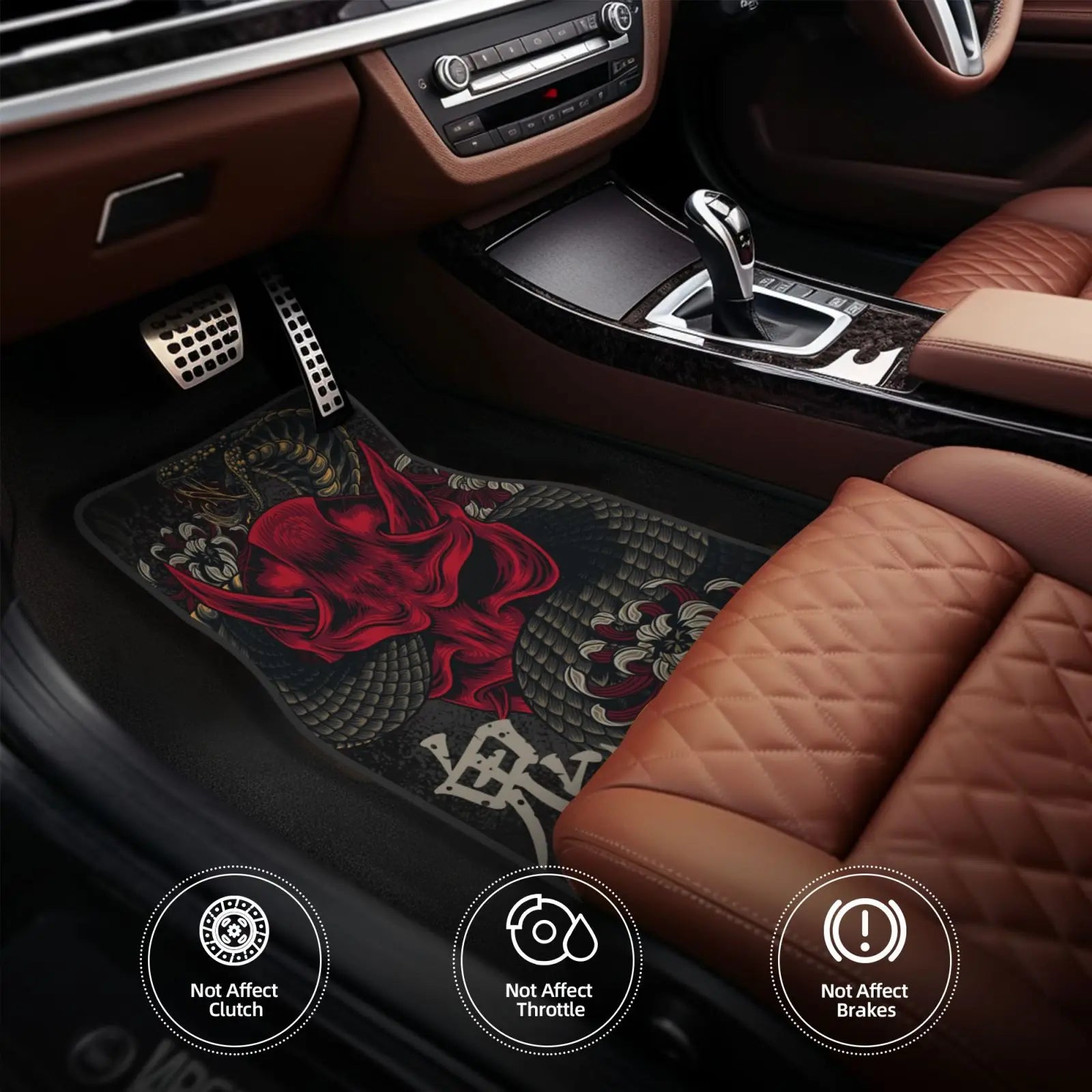 JAPANESE ART ONI MASK Snake Car Floor Mat 4-piece Set Suitable for All Car Floor Mat Accessories Crystal Velvet Floor Mats