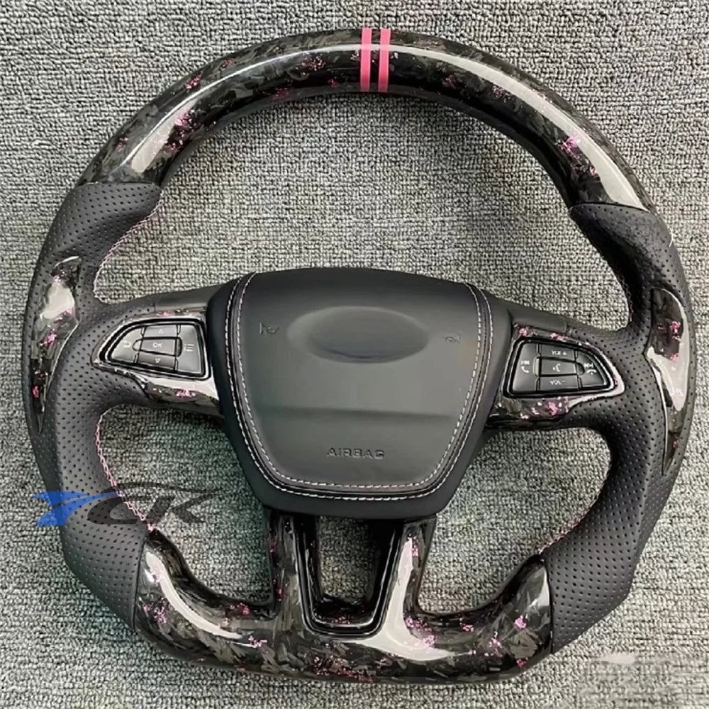 Steering Wheel for 2015 2016 2017 2018 Ford Focus Custom Pink Forged Carbon Fiber Center stripe Black Leather car accessories