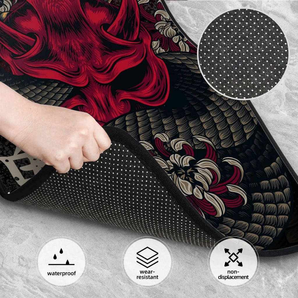 JAPANESE ART ONI MASK Snake Car Floor Mat 4-piece Set Suitable for All Car Floor Mat Accessories Crystal Velvet Floor Mats